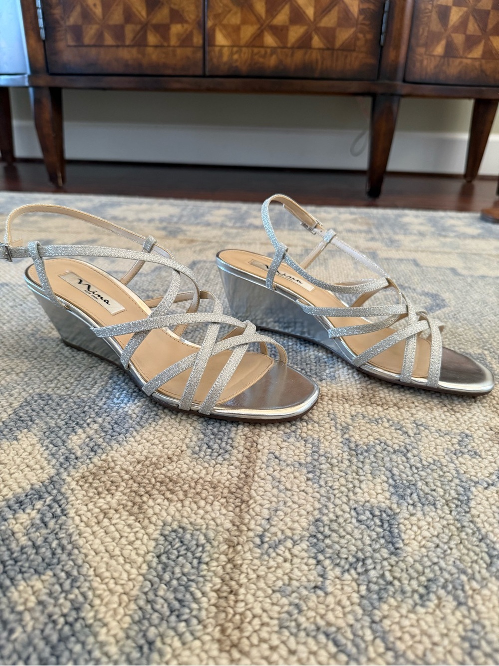 Nina Silver Glitter Strappy Wedge Sandals